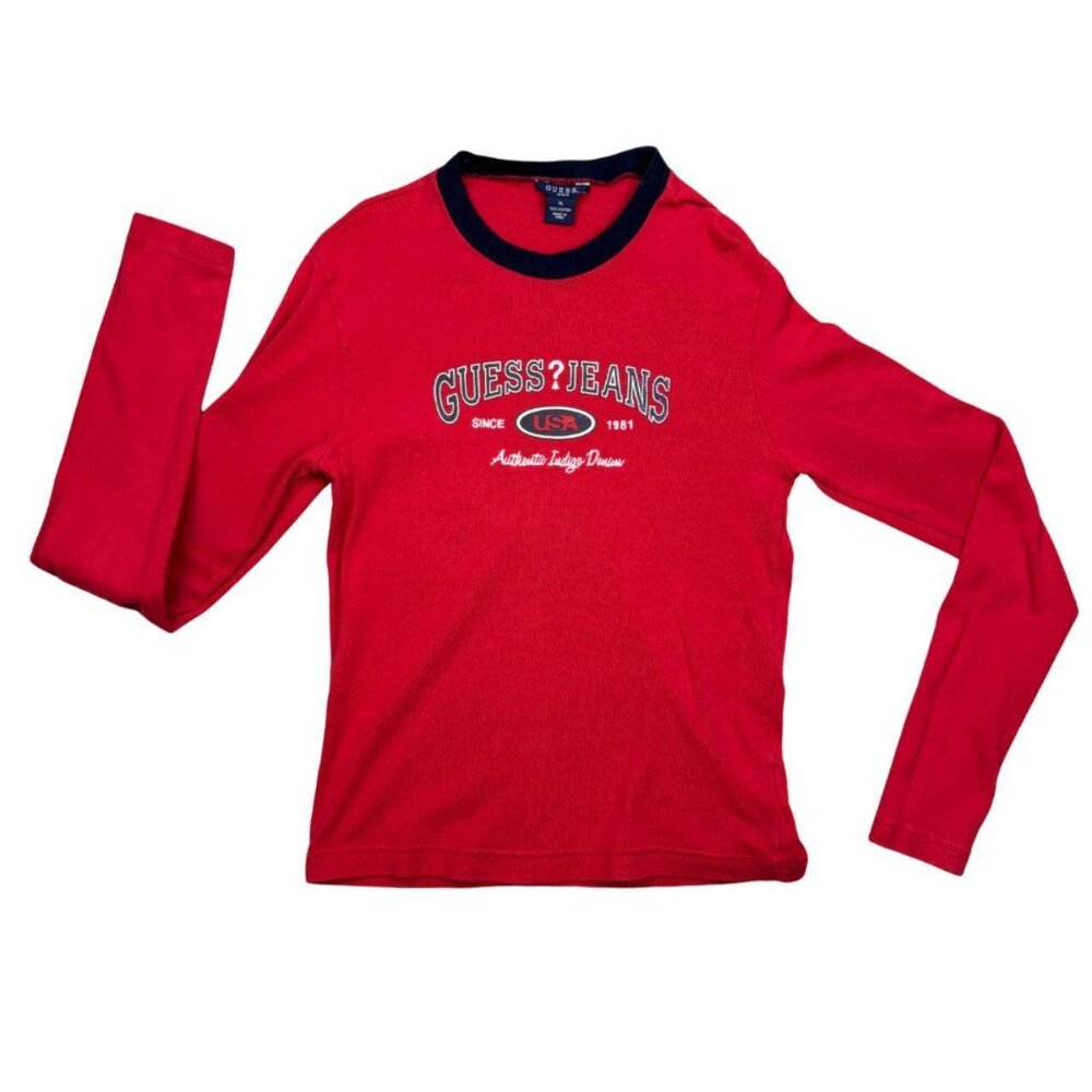 Guess Jeans USA Red Long Sleeve Logo Embroidered Tee Shirt Men’s XL